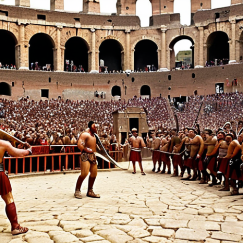 Home 4 **
Prompt: "A bustling scene at the Colosseum in Rome, Italy. Gladiators are fighting, a wild animal roars, and the crowd cheers. Capture the grandeur and intensity of the ancient Roman games."
**