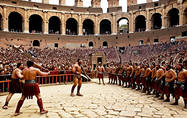 **
Prompt: "A bustling scene at the Colosseum in Rome, Italy. Gladiators are fighting, a wild animal roars, and the crowd cheers. Capture the grandeur and intensity of the ancient Roman games."
**
