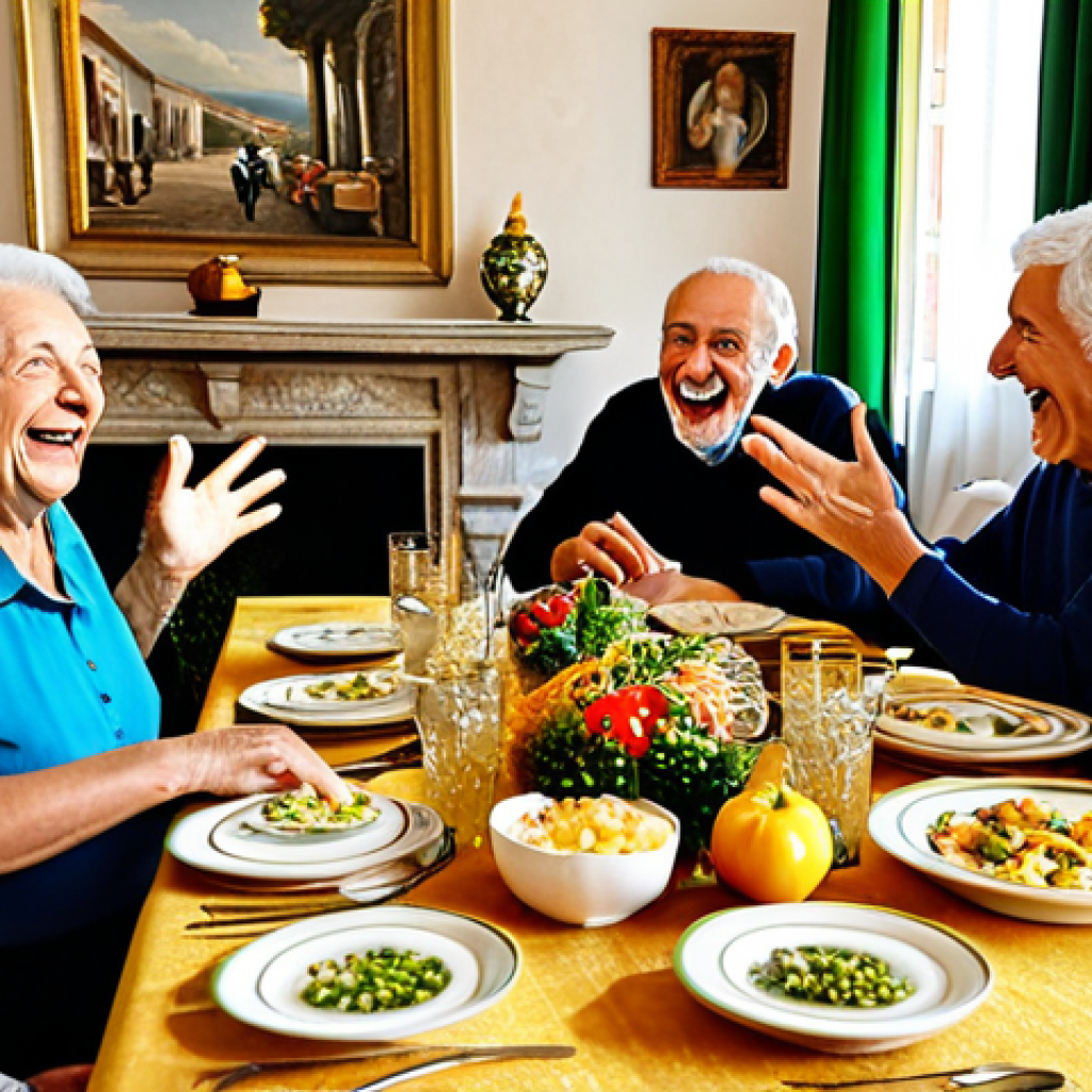A diverse group of Italian adults, including elderly family members, engaged in lively, expressive conversation around a large dining table in a sun-drenched traditional Italian home. They are gesturing animatedly, displaying a range of emotions from joyful laughter to thoughtful listening, embodying authentic Italian communication and deep family connection. All subjects are fully clothed in modest, everyday attire, appropriate for a family gathering. The background features classic Italian decor, showcasing a warm and inviting atmosphere. perfect anatomy, correct proportions, natural pose, well-formed hands, proper finger count, natural body proportions, professional photography, high quality, safe for work, appropriate content, fully clothed, family-friendly.