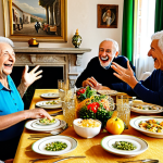 A diverse group of Italian adults, including elderly family members, engaged in lively, expressive conversation around a large dining table in a sun-drenched traditional Italian home. They are gesturing animatedly, displaying a range of emotions from joyful laughter to thoughtful listening, embodying authentic Italian communication and deep family connection. All subjects are fully clothed in modest, everyday attire, appropriate for a family gathering. The background features classic Italian decor, showcasing a warm and inviting atmosphere. perfect anatomy, correct proportions, natural pose, well-formed hands, proper finger count, natural body proportions, professional photography, high quality, safe for work, appropriate content, fully clothed, family-friendly.