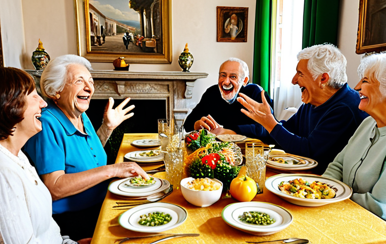 A diverse group of Italian adults, including elderly family members, engaged in lively, expressive conversation around a large dining table in a sun-drenched traditional Italian home. They are gesturing animatedly, displaying a range of emotions from joyful laughter to thoughtful listening, embodying authentic Italian communication and deep family connection. All subjects are fully clothed in modest, everyday attire, appropriate for a family gathering. The background features classic Italian decor, showcasing a warm and inviting atmosphere. perfect anatomy, correct proportions, natural pose, well-formed hands, proper finger count, natural body proportions, professional photography, high quality, safe for work, appropriate content, fully clothed, family-friendly.